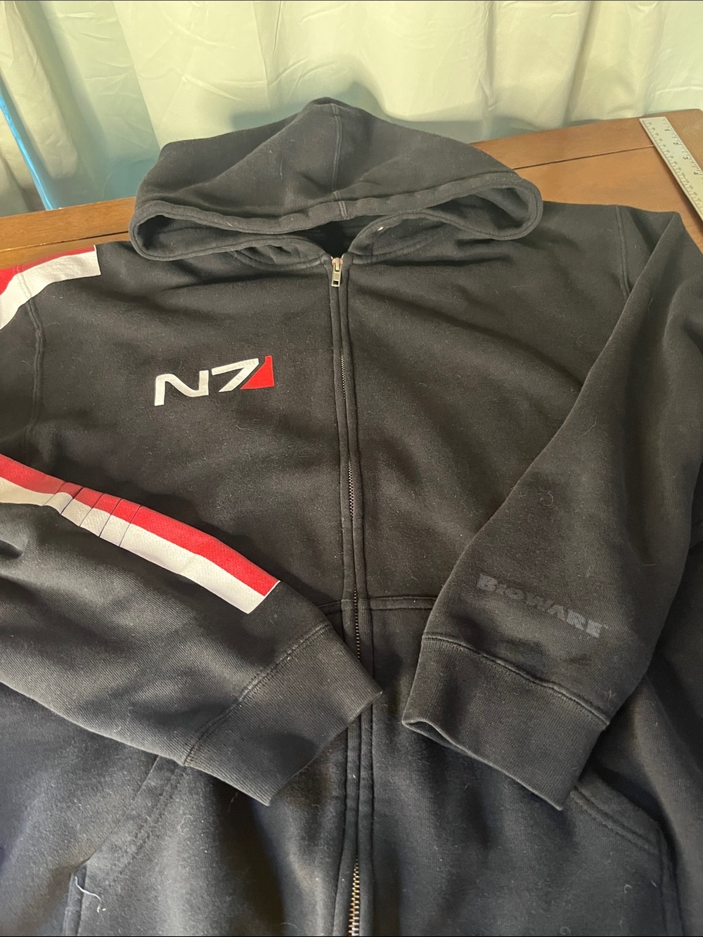 N7 Black Zip-Up Hoodie with Red & White Accent
